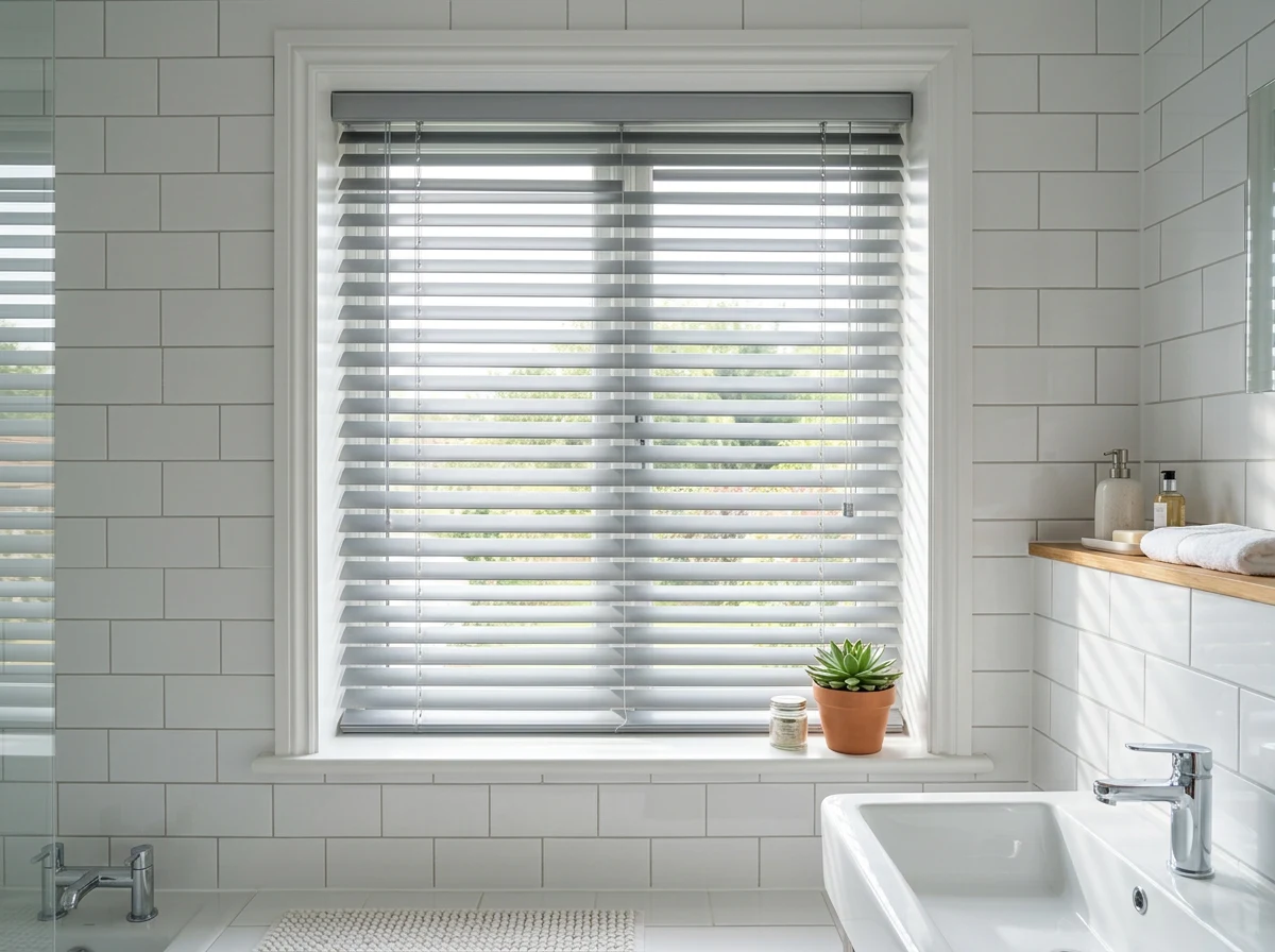 White aluminium venetian blinds tilted for privacy in a Bedfordview bathroom, mounted on a guide rail above a tiled sill