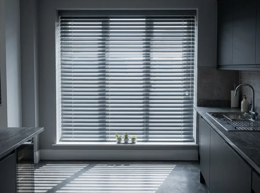Aluminium venetian blind slats fitted across a Bedfordview kitchen window, tilted so daylight stripes the floor