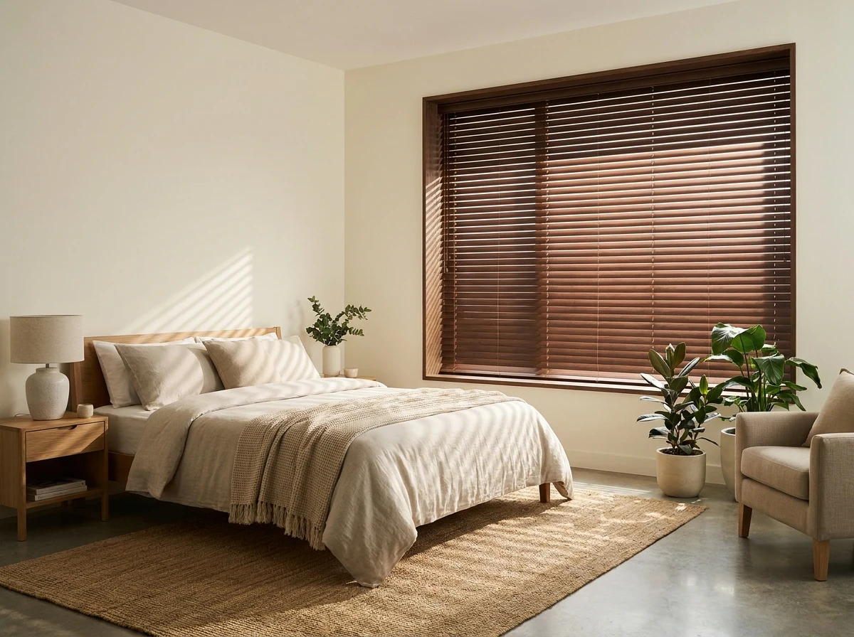 A bright main bedroom in a Bedfordview home with dark stained timber venetian blinds in a wide window reveal, slats striping soft light across a neatly made bed