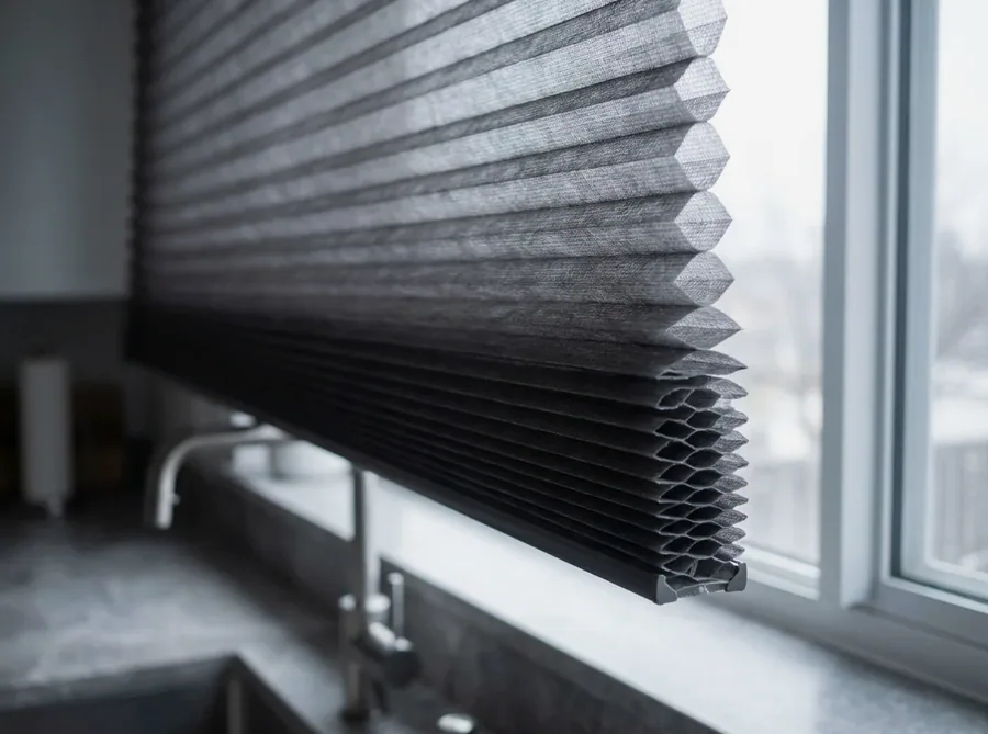 Close-up of a cellular honeycomb blind's hexagonal air cells above a Bedfordview kitchen sink, softening the light without losing the garden view