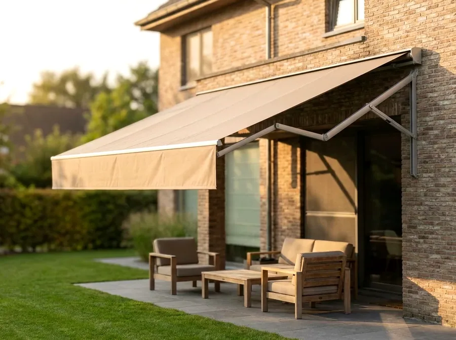A folding-arm awning extended from a brick wall over a paved patio and garden seating in a Bedfordview home