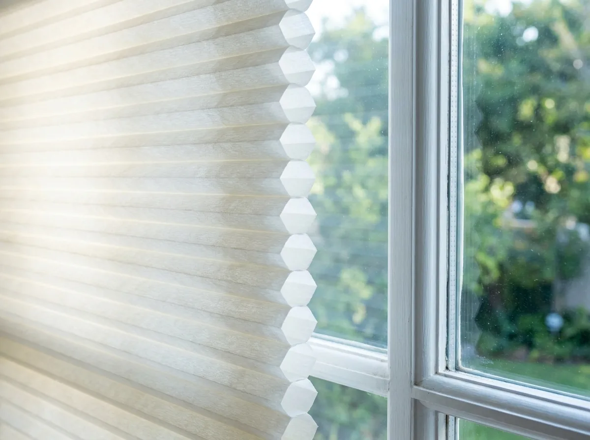 Close detail of a cellular honeycomb blind at the edge of a window in a Bedfordview home, its repeating hexagonal fabric air cells visible in cross-section against the glass
