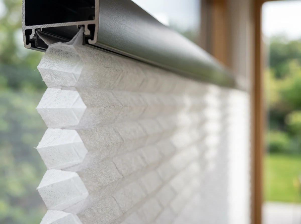 Extreme close-up of a cellular honeycomb blind fabric folded at the headrail of a large window in a Bedford Gardens home, hexagonal cell structure catching soft side light