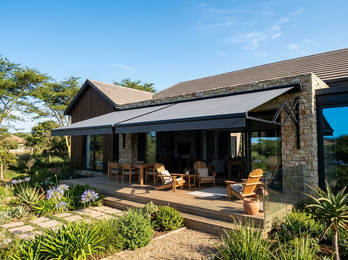 A folding-arm awning fully extended over an outdoor entertainment deck at a modern Meyersdal estate home, wooden deck chairs empty in the shade, clear late-afternoon sky