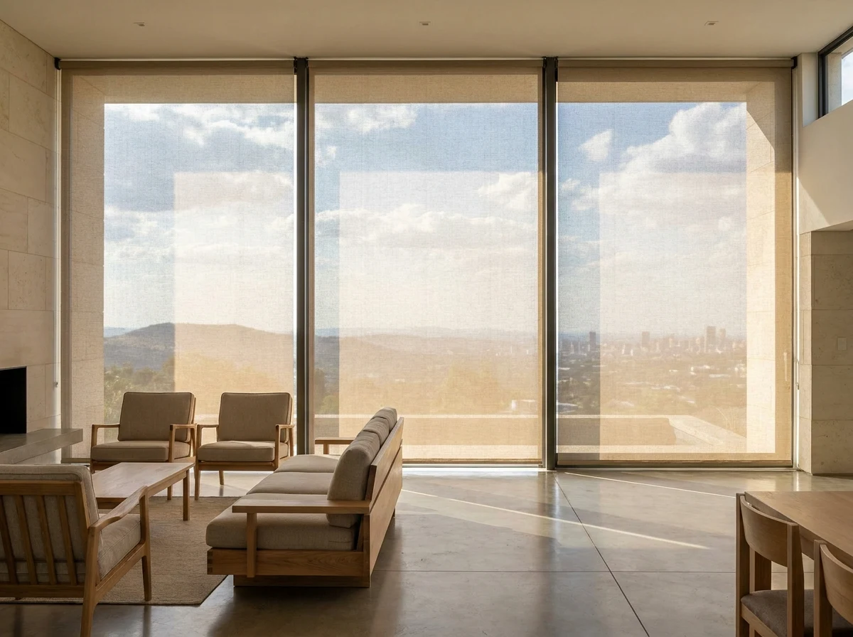 An open-plan living room in an elevated Linksfield Ridge home with sunscreen roller blinds fully lowered across a wide window wall, distant hills visible through the weave