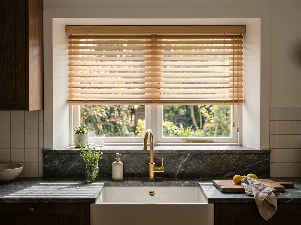 A light-toned timber venetian blind fitted in a shallow window reveal above a kitchen sink in a Senderwood home, morning sun casting soft slat shadows across a marble countertop