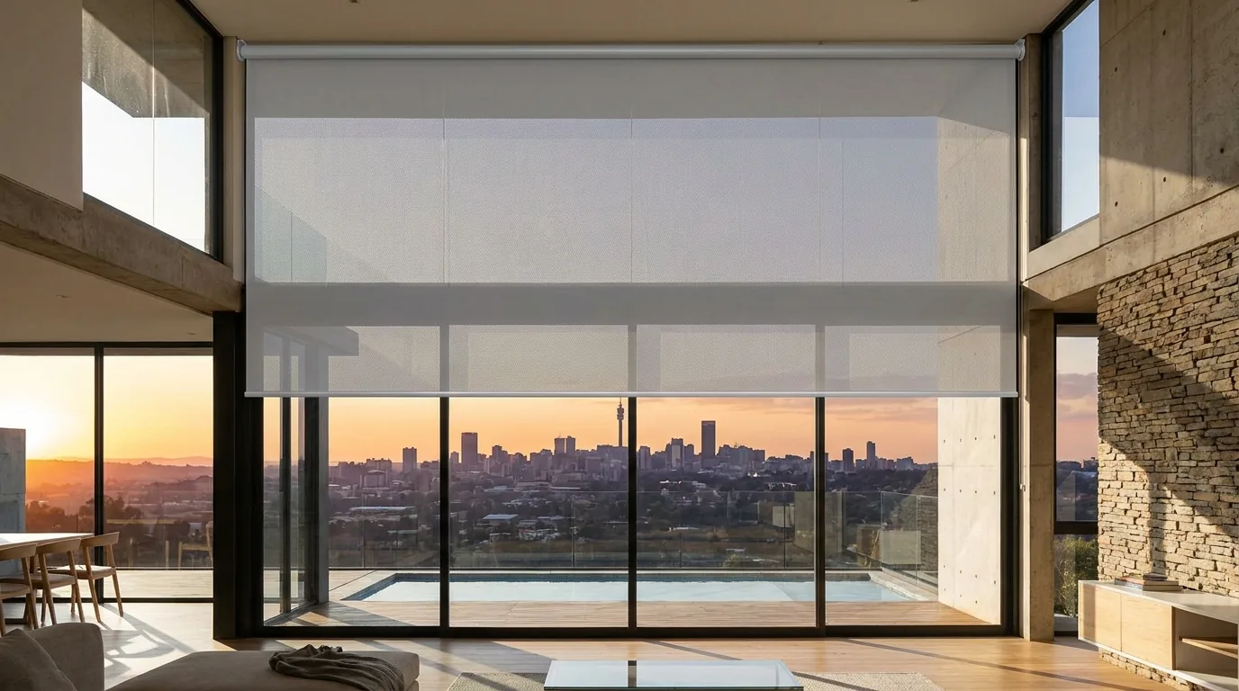A double-volume Bedfordview ridge lounge with a sunscreen roller blind lowered halfway across a full-height glass wall, the Johannesburg skyline still legible through the open weave at sunset