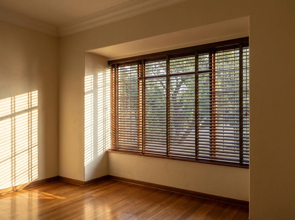 A dark stained timber venetian blind in the deep reveal of an established Bedfordview home, slats tilted so late afternoon sun stripes the timber floor