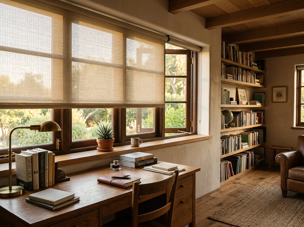 A sunscreen roller blind lowered halfway over a Bedfordview study window, warm afternoon light filtering through the weave onto a book-lined desk