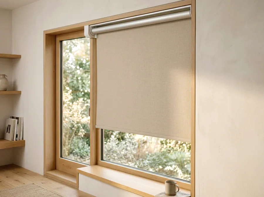 A made-to-measure sunscreen roller blind hanging as one smooth flat sheet from its tube in a timber-framed window reveal in a Bedfordview home