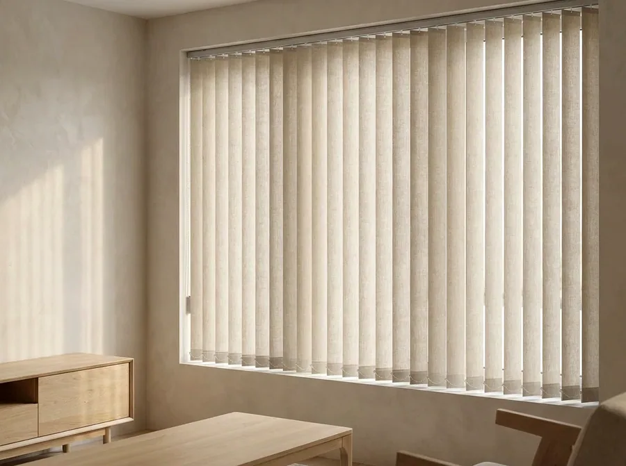 Taupe fabric vertical blinds drawn across a wide window in a Bedfordview living room, vanes stacked clear to one side